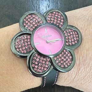 Curfew Pink Flower Watch with Black Strap